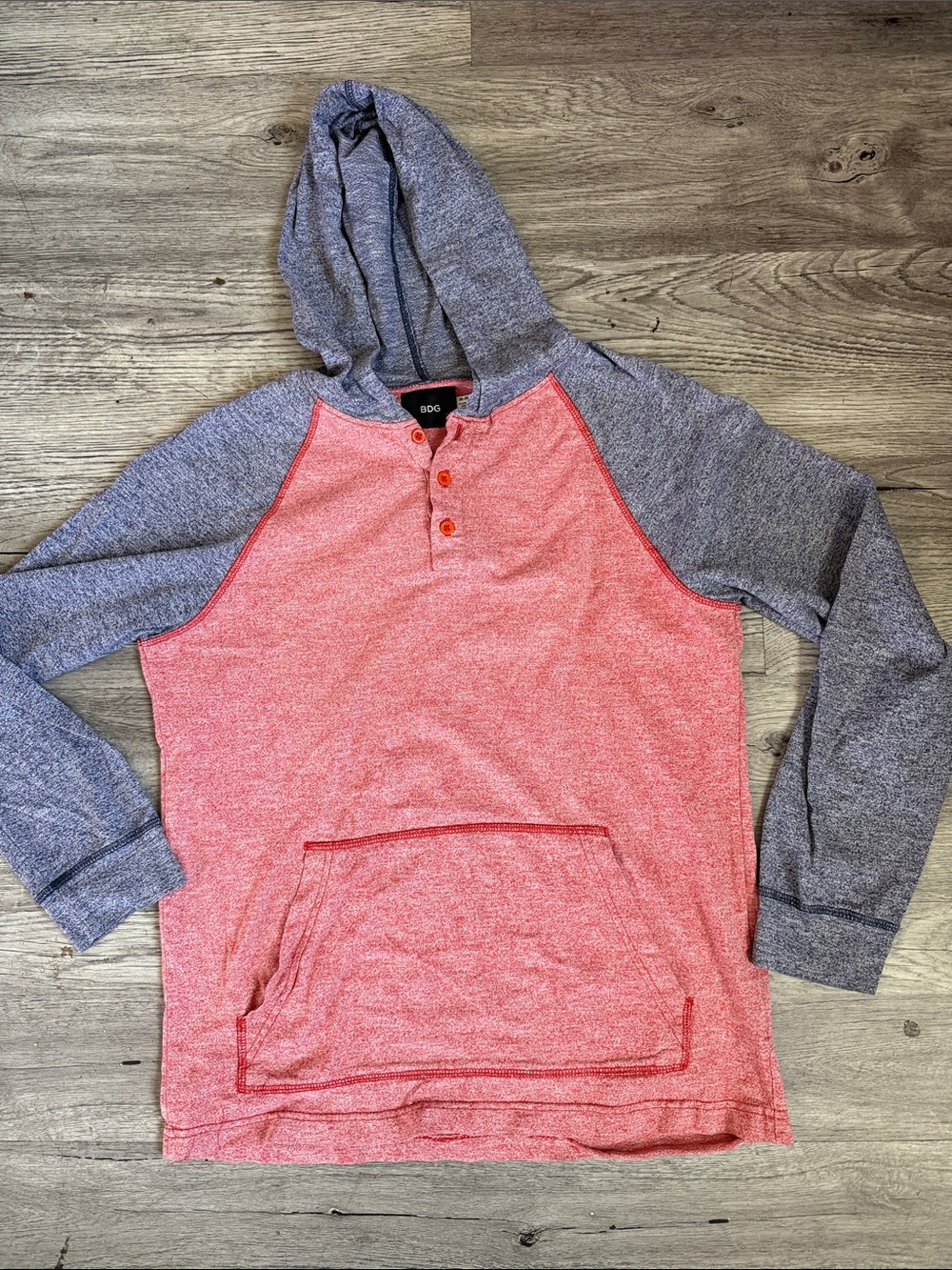BDG Two-Tone Red Heather Henley Hoodie with Gray Sleeves